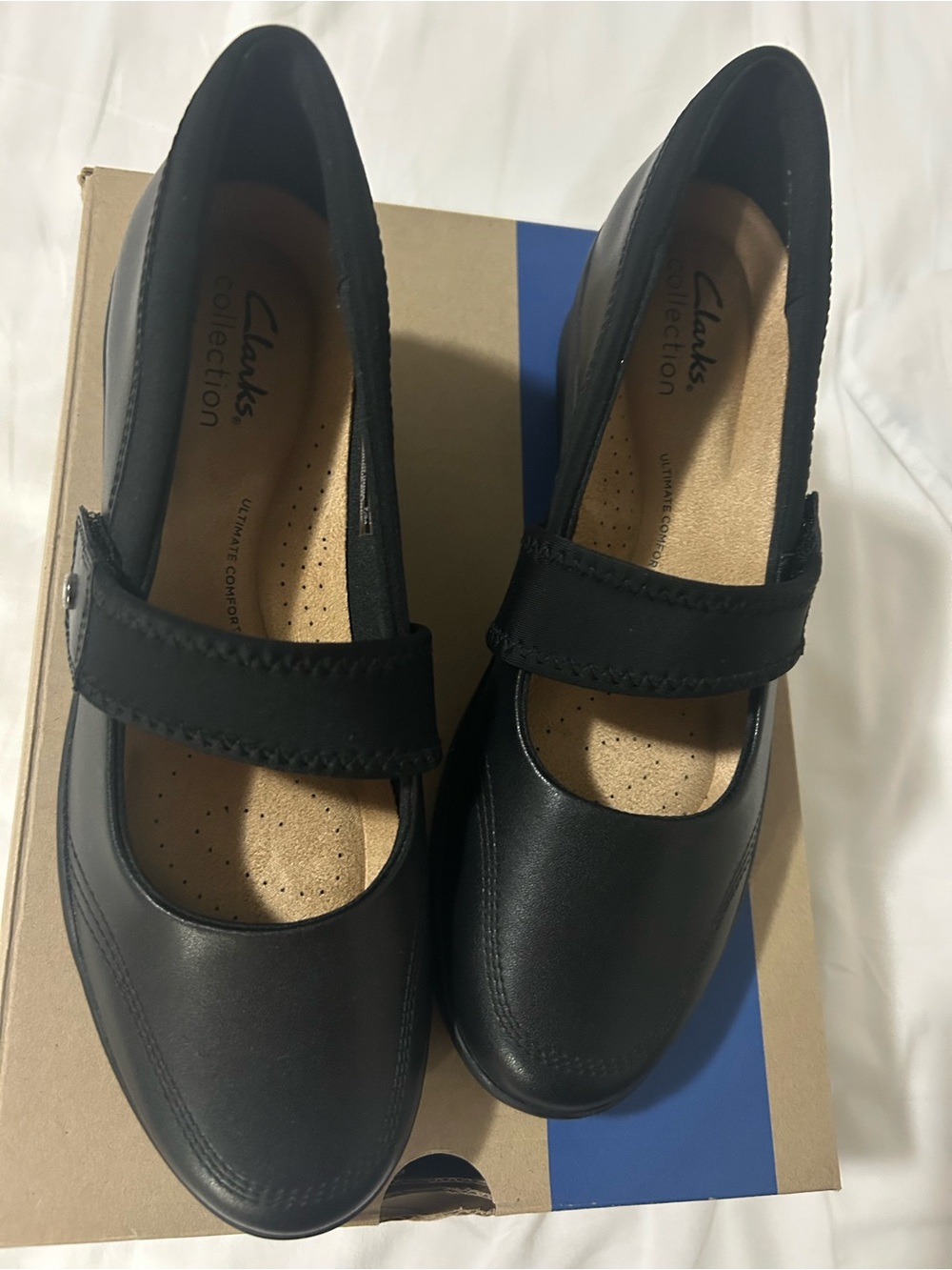 Clarks Black Mary Jane Comfort Flats with Adjustable Strap